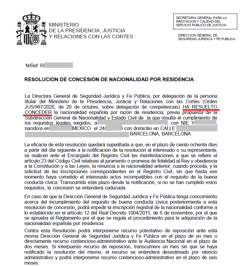nacionalidad espanola PAC 4 meses