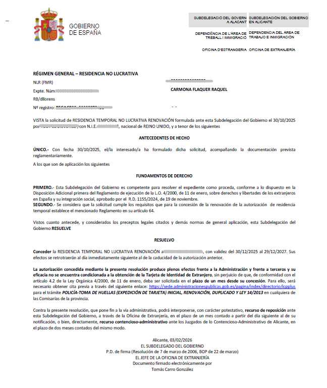 non lucrative visa renewal family